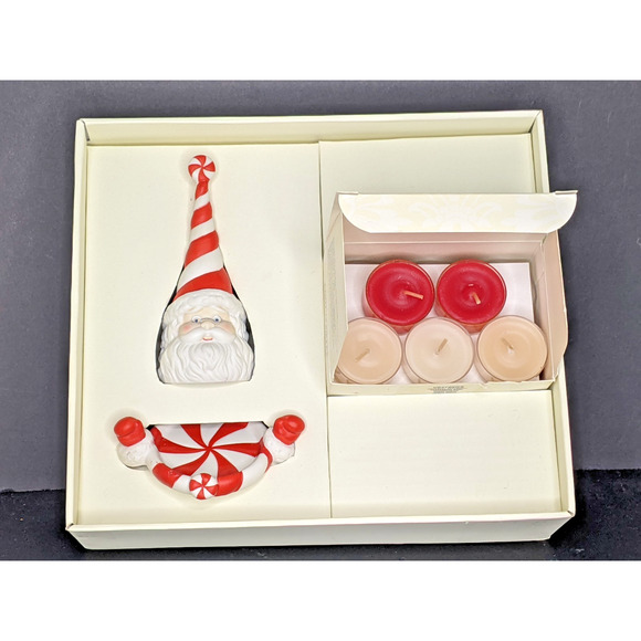Partylite Ceramic Tea Light Candle Holder Peppermint Santa Snuffer Set Orig Box - Picture 2 of 8